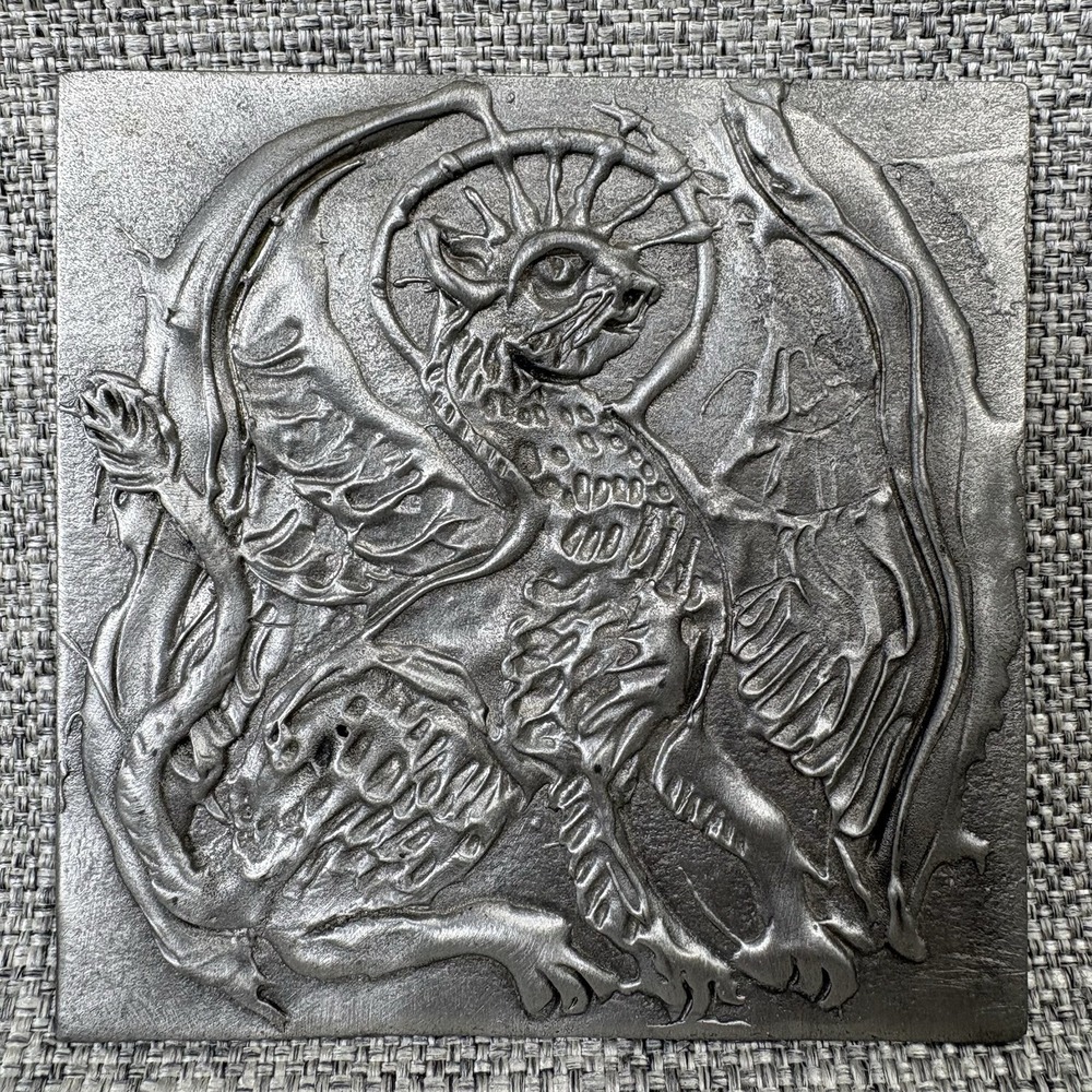 Don Drumm Winged Cat Griffin Cast Metal Art Tile Plaque Brutalist Signed 4x4